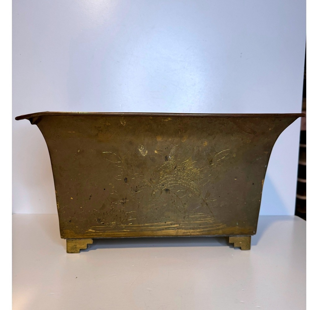 Vintage Brass Planter Etched Floral Design Hong‎ Kong Mid Century Decor